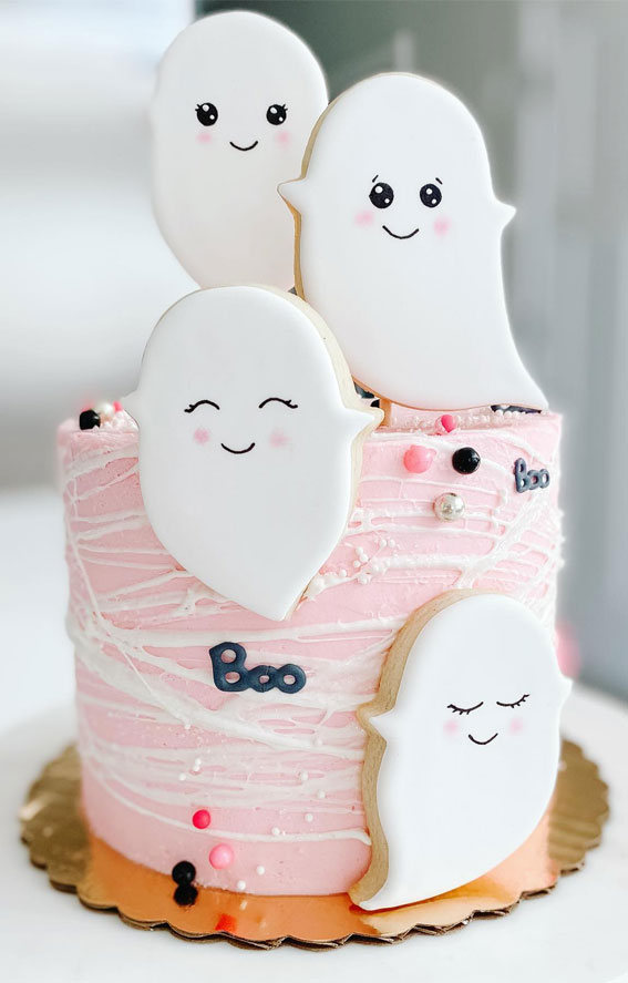 Halloween Cake Ideas for a Frighteningly Delicious Celebration : Cobweb Pink Little Cake with Ghosties