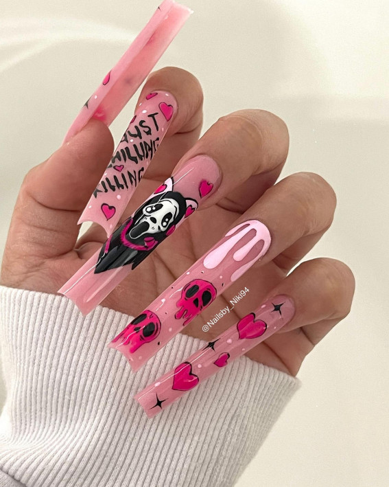 40 Wickedly Halloween Nail Art Ideas : Pink Halloween Long Nails