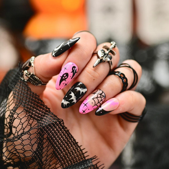 40 Wickedly Halloween Nail Art Ideas : Black & Pink Scary Chic Nails