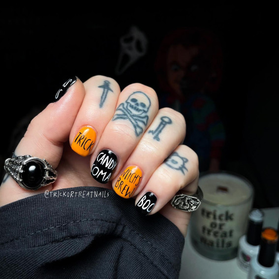 40 Wickedly Halloween Nail Art Ideas : Black & Orange Short Halloween Nails