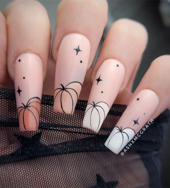 Dazzling Halloween Nails that Turn Heads : Pumpkin Tip Nude Coffin-Shaped Nails, Halloween nail art, Pumpkin Nails, pressed on Halloween Nails