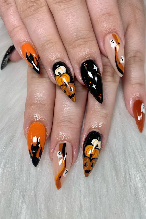Dazzling Halloween Nails that Turn Heads : Black and Orange Stiletto Nails