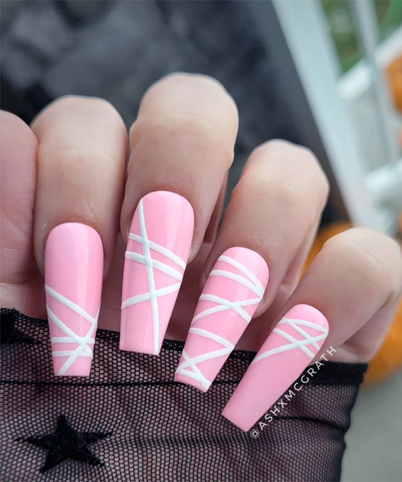 Dazzling Halloween Nails that Turn Heads : Mummy Vibe Pink Pressed On Nails