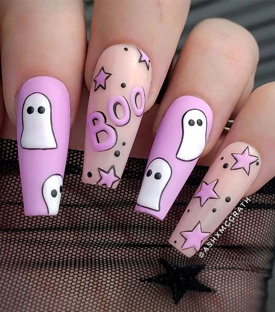 Dazzling Halloween Nails that Turn Heads : Cute Ghosties Pressed on Lilac Nails