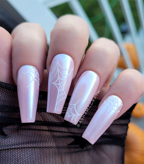 Dazzling Halloween Nails that Turn Heads : Cobwebs + Glazed Donut Halloween Nails, Pressed on nails, cobweb nails, Cute Halloween nails