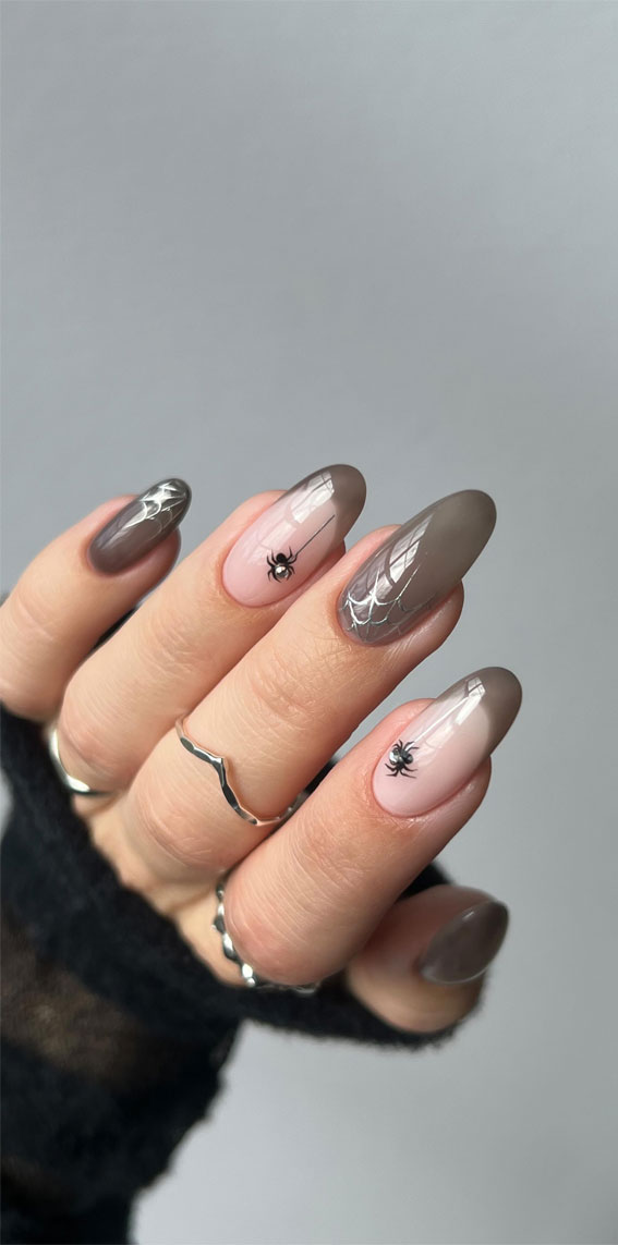 Spider on Brownish Grey Halloween Nails, cute Halloween nails, Halloween nail art