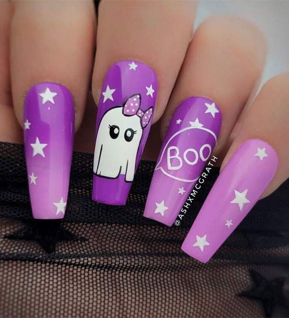 Dazzling Halloween Nails that Turn Heads : Ghost on Ombre Purple Coffin-Shaped Nails