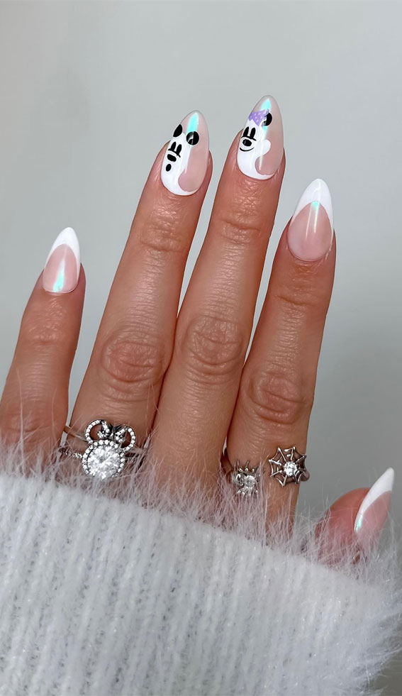 Dazzling Halloween Nails that Turn Heads : Mickey & Minnie ghosts + Pearl chrome & white French tips