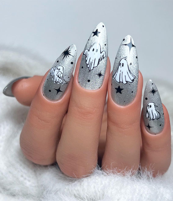 Dazzling Halloween Nails that Turn Heads : Ghost on Shimmery Silver Nails