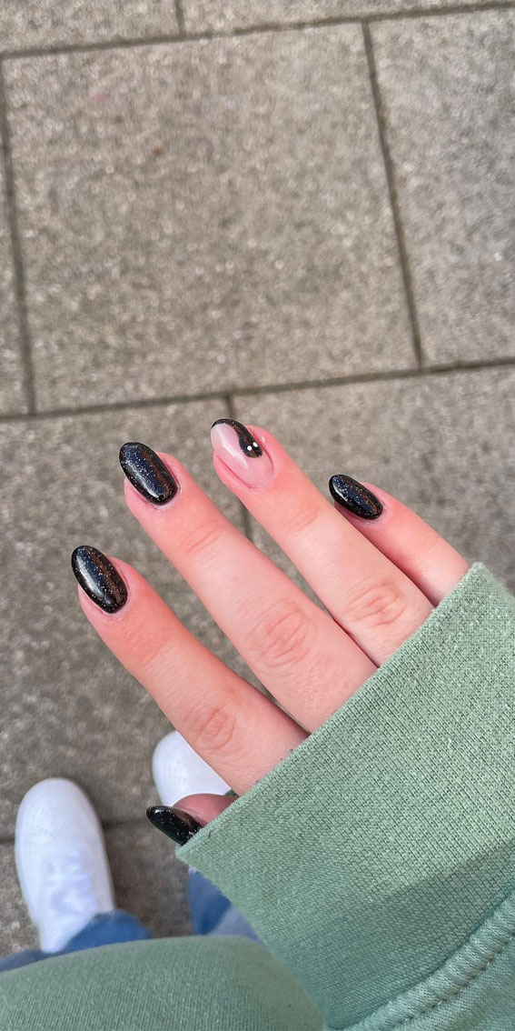 Dazzling Halloween Nails that Turn Heads : Shimmery Black + Black Ghost Tip Nails