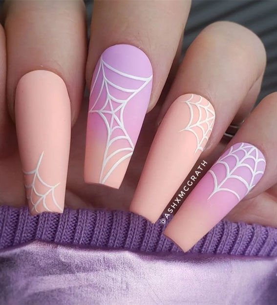 Dazzling Halloween Nails that Turn Heads : Peach & Pink Ombre + Spider Web