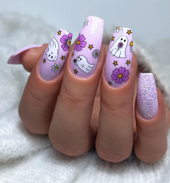 Dazzling Halloween Nails that Turn Heads : Little Ghosties & Flowery Halloween Nails, ombre purple nails, Halloween nail art, Halloween Nails