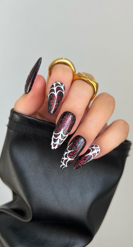 White Spider Web on Shimmery Black and Red Nails, Halloween Nails, Halloween Nail Art