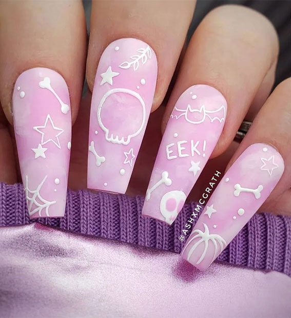 Dazzling Halloween Nails that Turn Heads : Pink Sky Little Spooky Nails