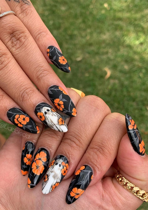 40 Wickedly Halloween Nail Art Ideas : Orange Flower Pattern Matte & Glossy Nails