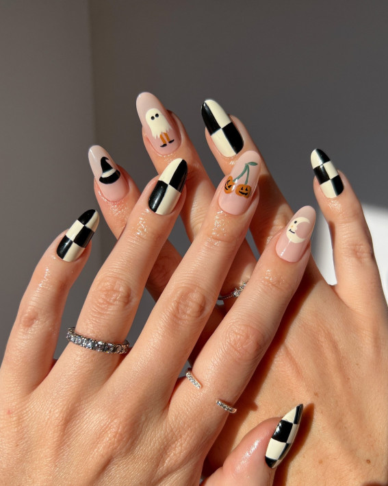 40 Wickedly Halloween Nail Art Ideas : Checkerboard & Cute Ghost Nails