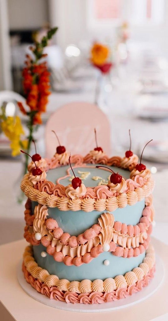Charming Just Married Cake Ideas with Buttercream Frosting : Blue & Peach Romance