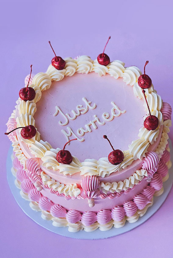 Charming Just Married Cake Ideas with Buttercream Frosting : Pink Buttercream Cake with Glitter Cherries