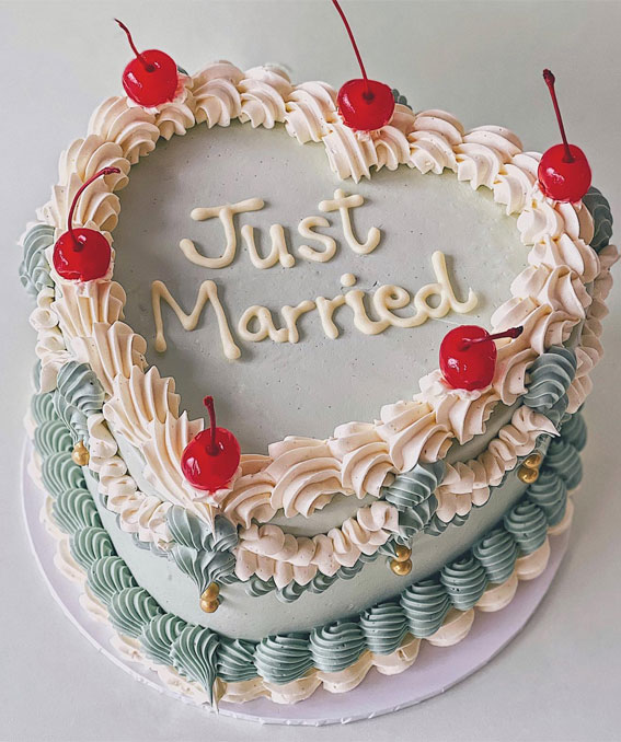 Charming Just Married Cake Ideas with Buttercream Frosting : Dusty Blue & White Heart Cake
