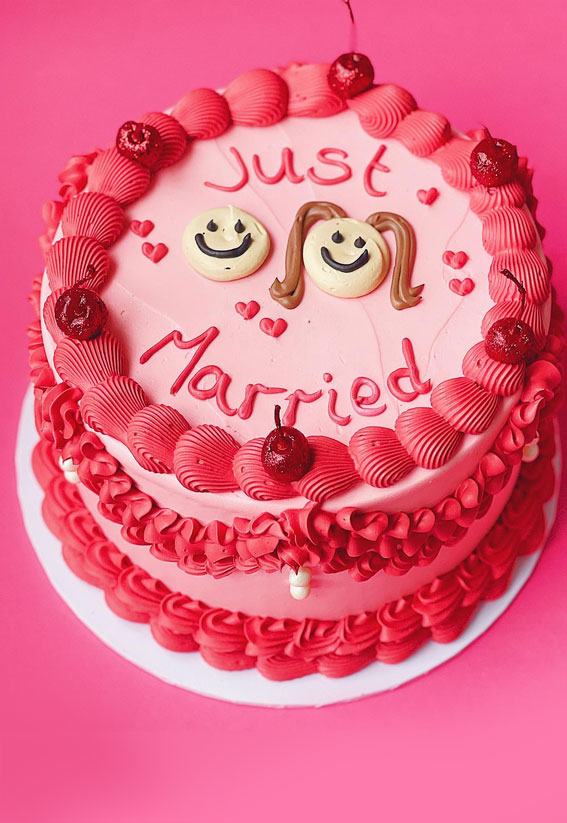 Charming Just Married Cake Ideas with Buttercream Frosting : Pink & Red Buttercream Cake