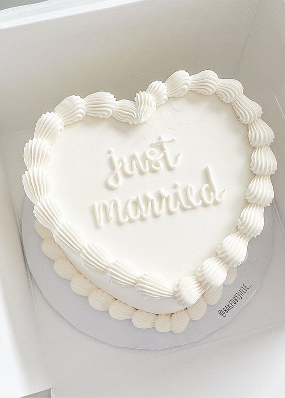 Charming Just Married Cake Ideas with Buttercream Frosting : All White Heart-Shaped Buttercream Cake