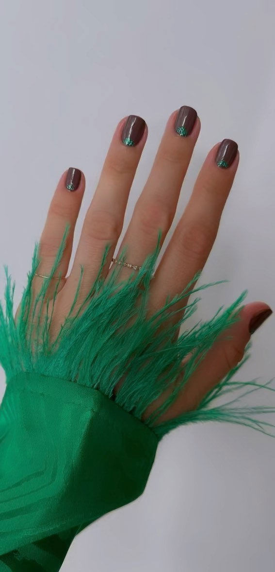 Minimalist Nail Art Ideas That Aren’t Boring : Green Half Moon on Chocolate Nails