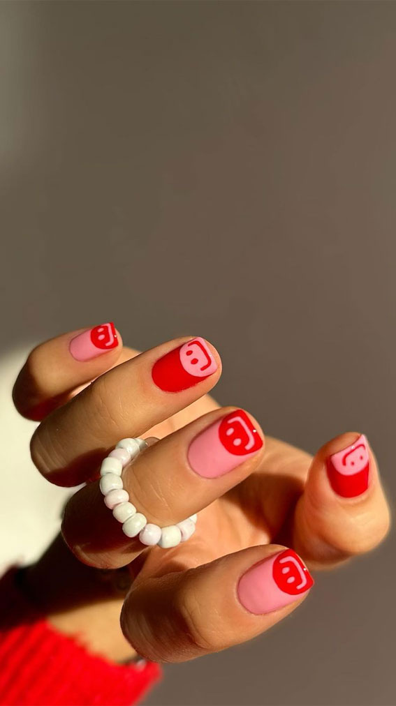 Minimalist Nail Art Ideas That Aren’t Boring : Pink and Red Smiley Face Tips