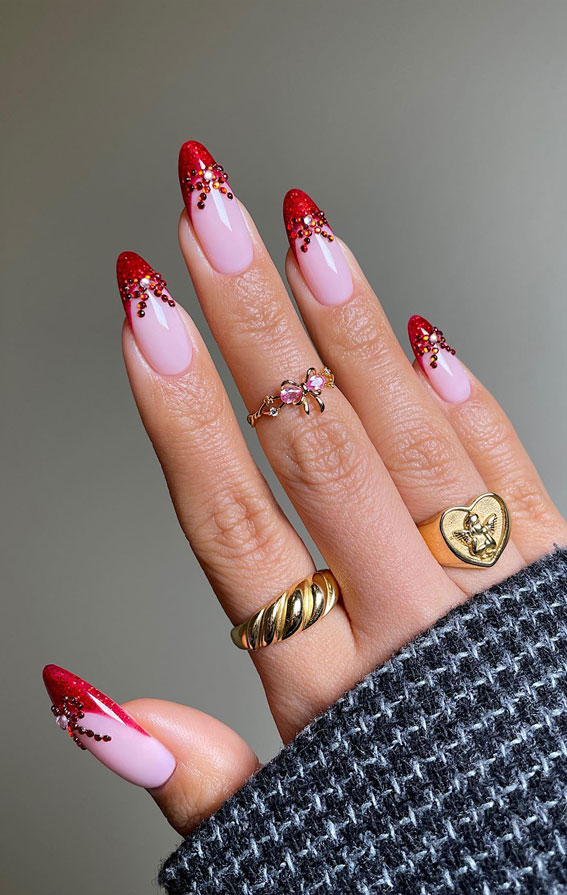 Magical Christmas Nail Art Inspirations : Glam Red Bow Red Tips