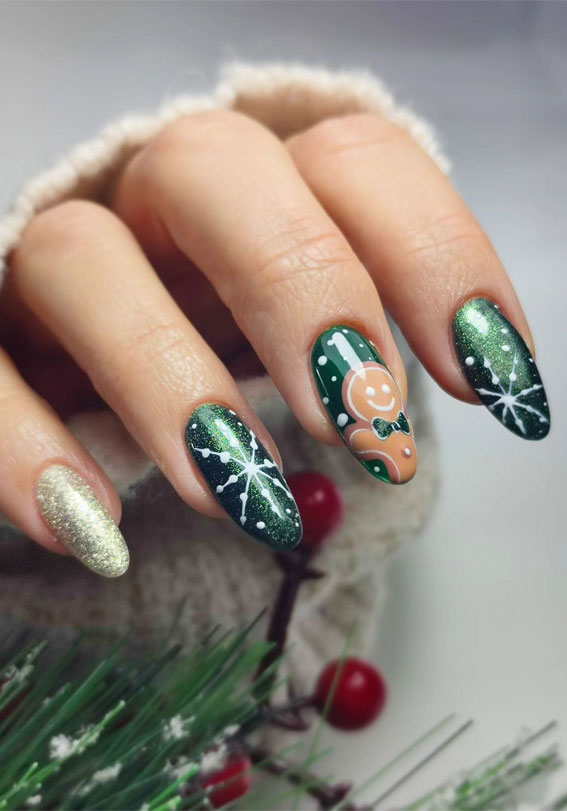 Magical Christmas Nail Art Inspirations : Gingerbread Man on Green Chrome Festive Nails