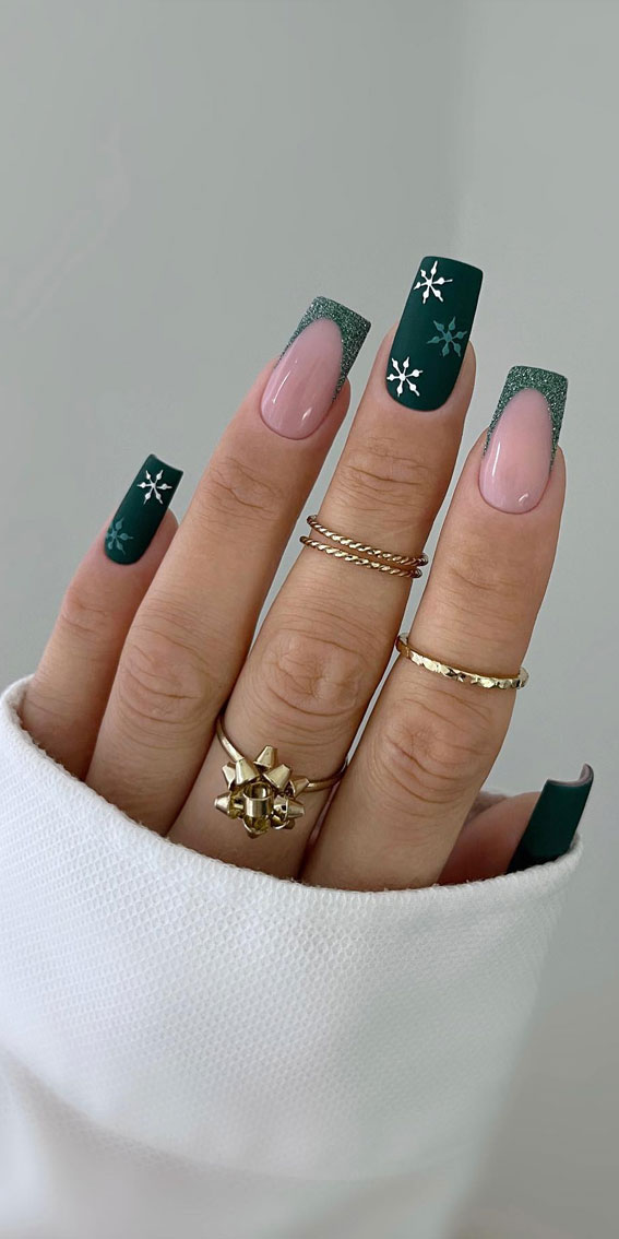 Magical Christmas Nail Art Inspirations : Dark Green & Glitter French Tips