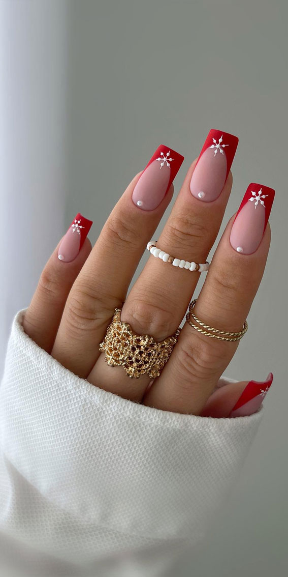 Magical Christmas Nail Art Inspirations : Red Tips with Snowflake
