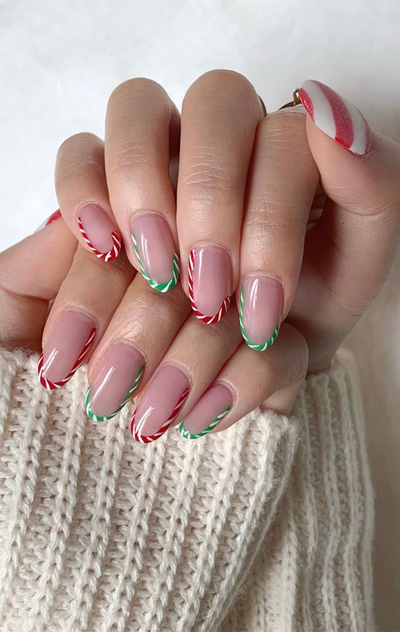 Glam Festive Christmas Nail Art Ideas : Mint & Red Candy Cane French Tips