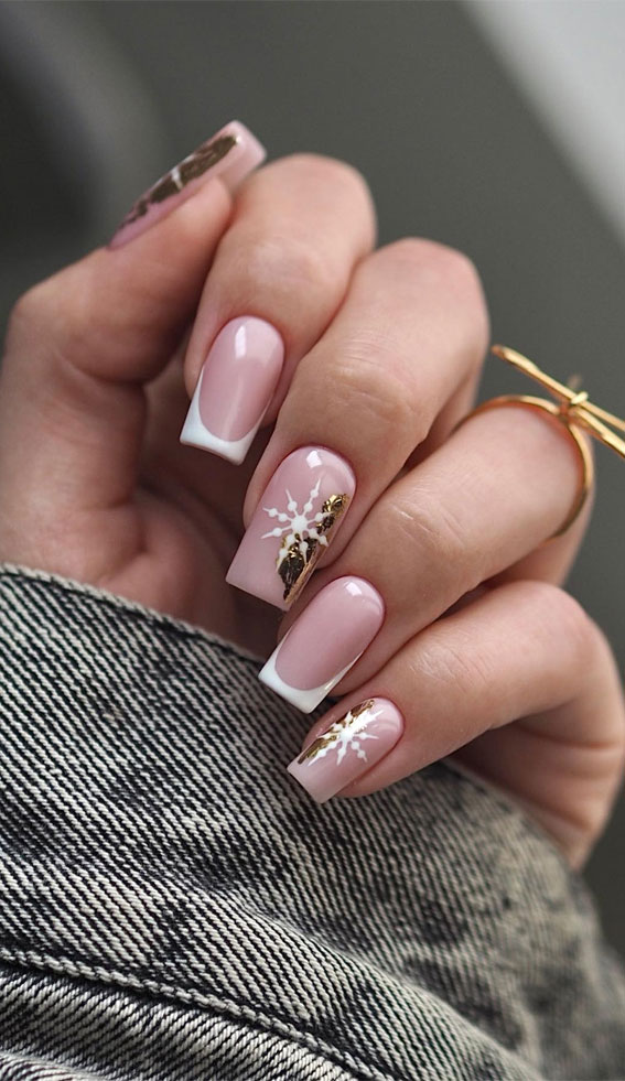 Glam Festive Christmas Nail Art Ideas : French Tips with Snowflake