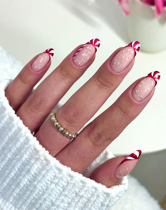 Glam Festive Christmas Nail Art Ideas : Peppermint Tip Nails