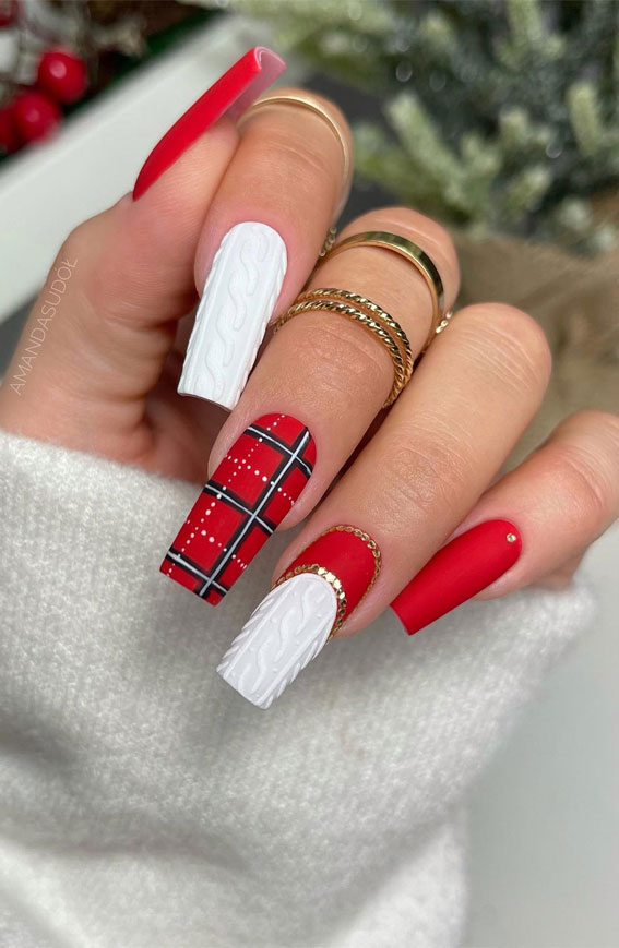 Glam Festive Christmas Nail Art Ideas : Red Reverse French, Plaid & Sweater