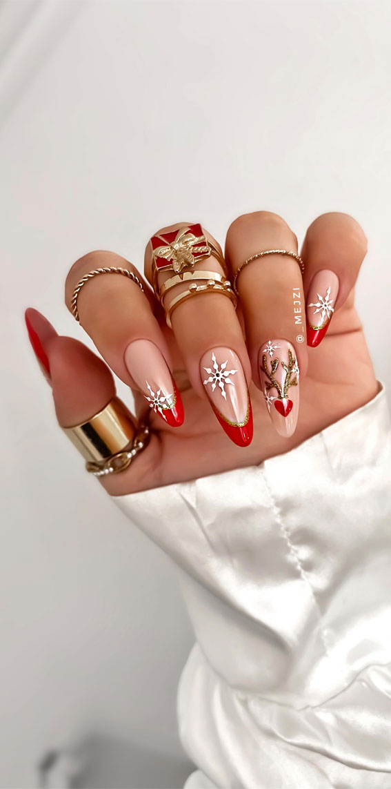 Glam Festive Christmas Nail Art Ideas : Red Tips + Reindeer Almond Nails