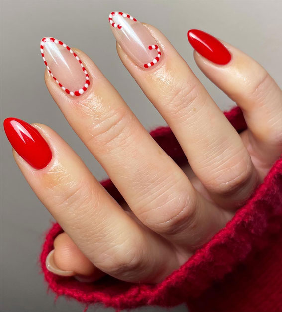 Glam Festive Christmas Nail Art Ideas : Red & Candy Cane Border Nails