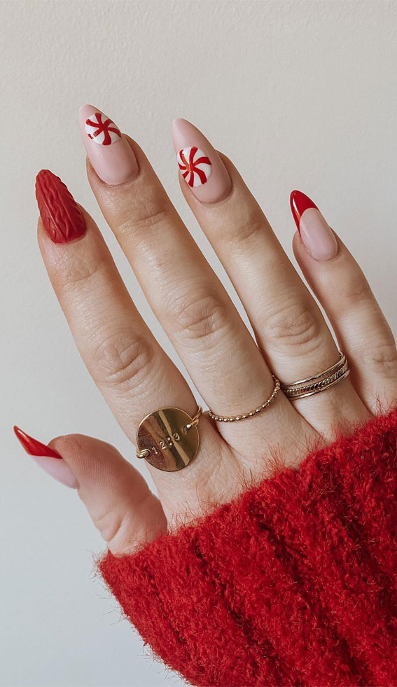 Glam Festive Christmas Nail Art Ideas : Red Peppermint & Sweater Nails