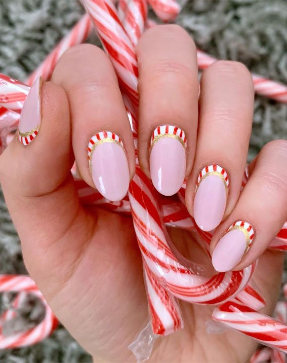 reverse french tip nails, Christmas nails, Christmas nail art, xmas nails, candy cane nails, santa hat nails, candy cane tip nails, festive nails, Christmas nails simple, Classy Christmas nails, Christmas nail colors, Christmas nails French tip
