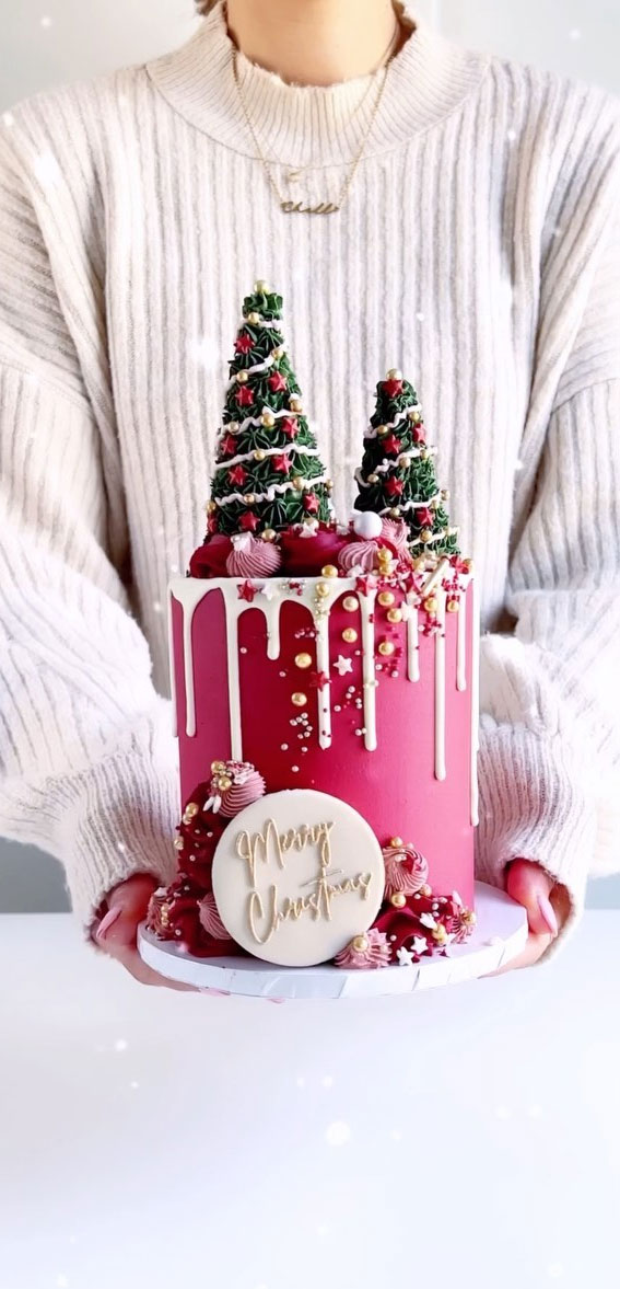 40 Frosty And Festive Christmas Cake Inspirations : Dark Pink Festive Cake