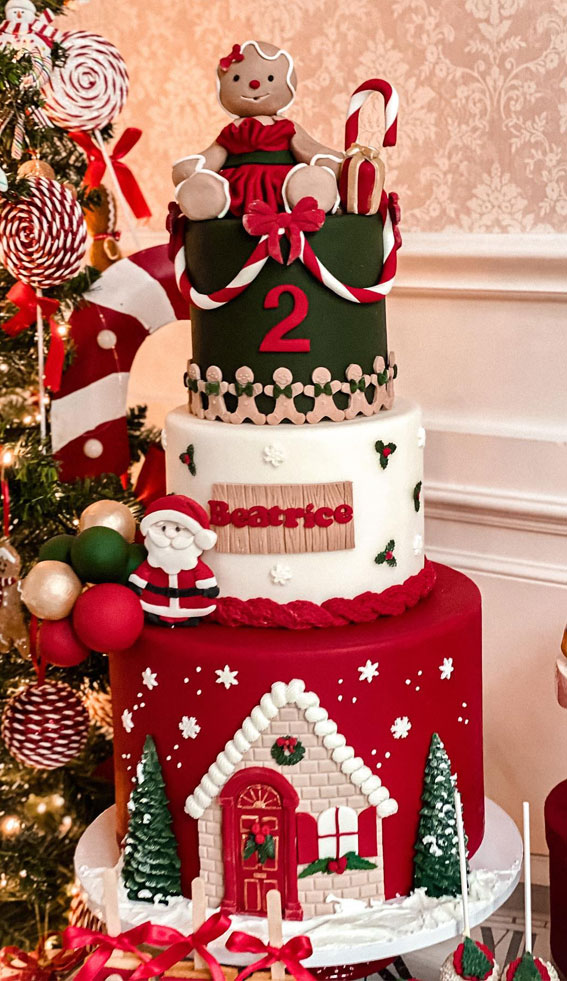 40 Frosty And Festive Christmas Cake Inspirations : Red Festive Three Tiers