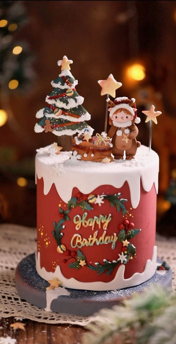 40 Frosty And Festive Christmas Cake Inspirations : Red Festive Cake with Wreath