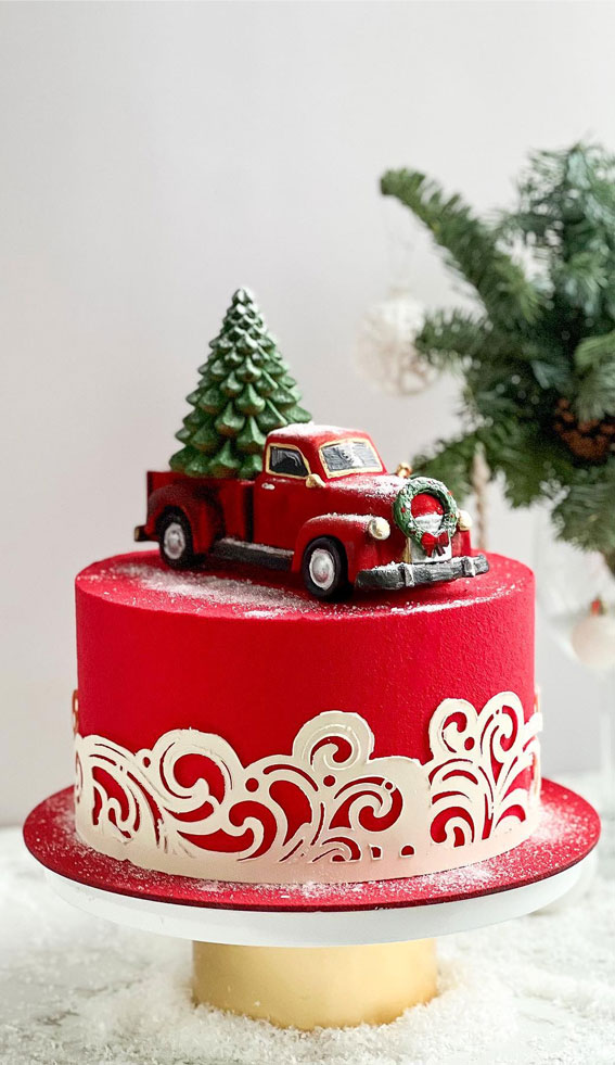 40 Frosty And Festive Christmas Cake Inspirations : Red Cake with Red Truck