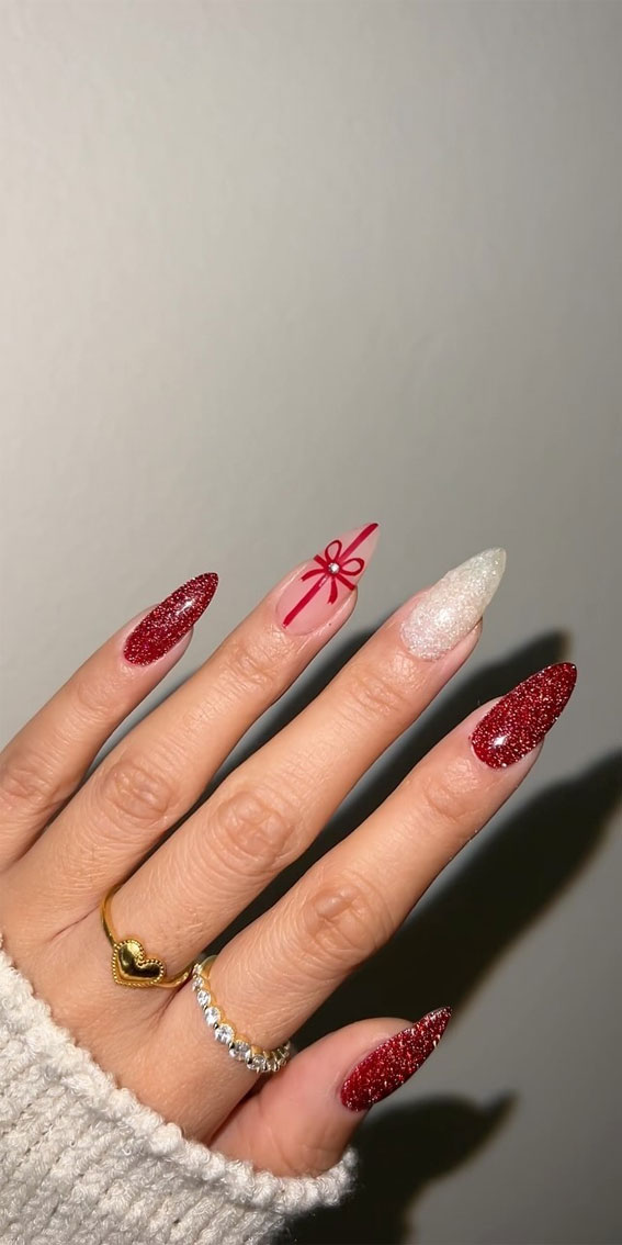 Magical Christmas Nail Art Inspirations : Shimmery Deep Red & Red Ribbon Nails