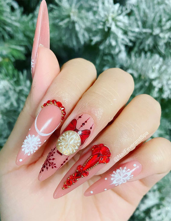 Magical Christmas Nail Art Inspirations : Glam Red & White Stiletto Nails