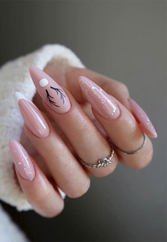 Magical Christmas Nail Art Inspirations : Light Pink Almond Festive Nails