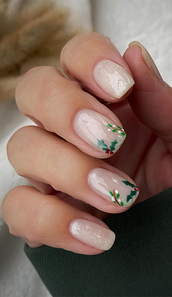 Festive Flourishes in Nail Art : Holly & Mistletoe Tip Subtle Nails