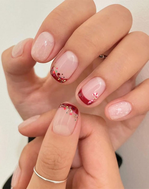 Festive Flourishes in Nail Art : Red French Tips + Candy Cane