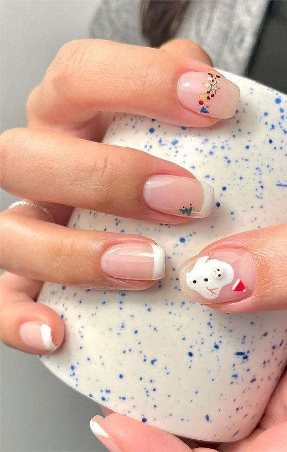 Festive Flourishes in Nail Art : Classic French Tips + Snowman