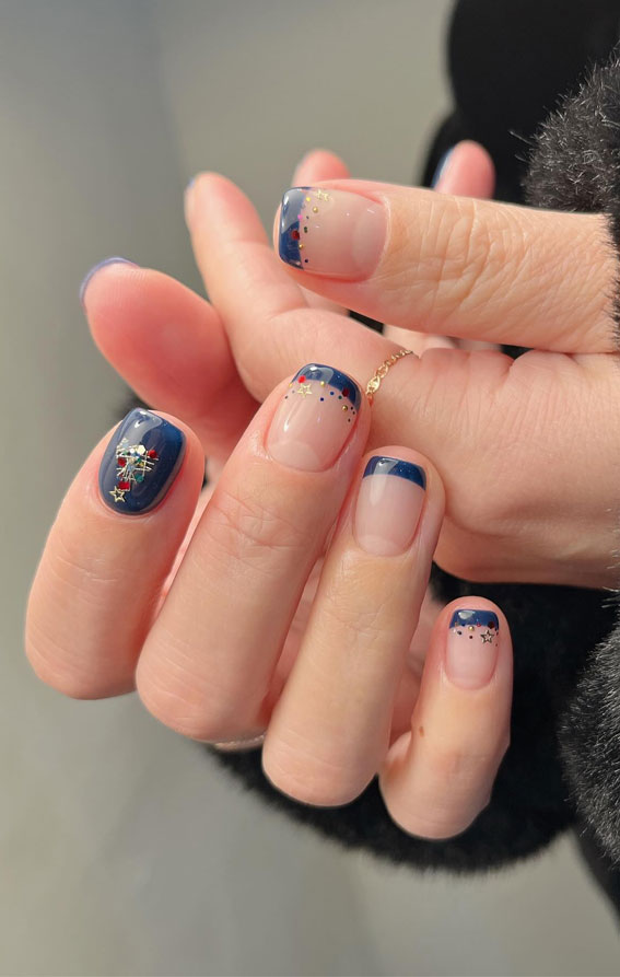 Festive Flourishes in Nail Art : Dark Blue French Tip Festive Nails